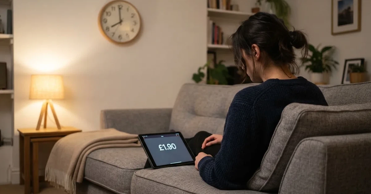 A person on a sofa looking thoughtfully at a tablet, a wall clock in the background