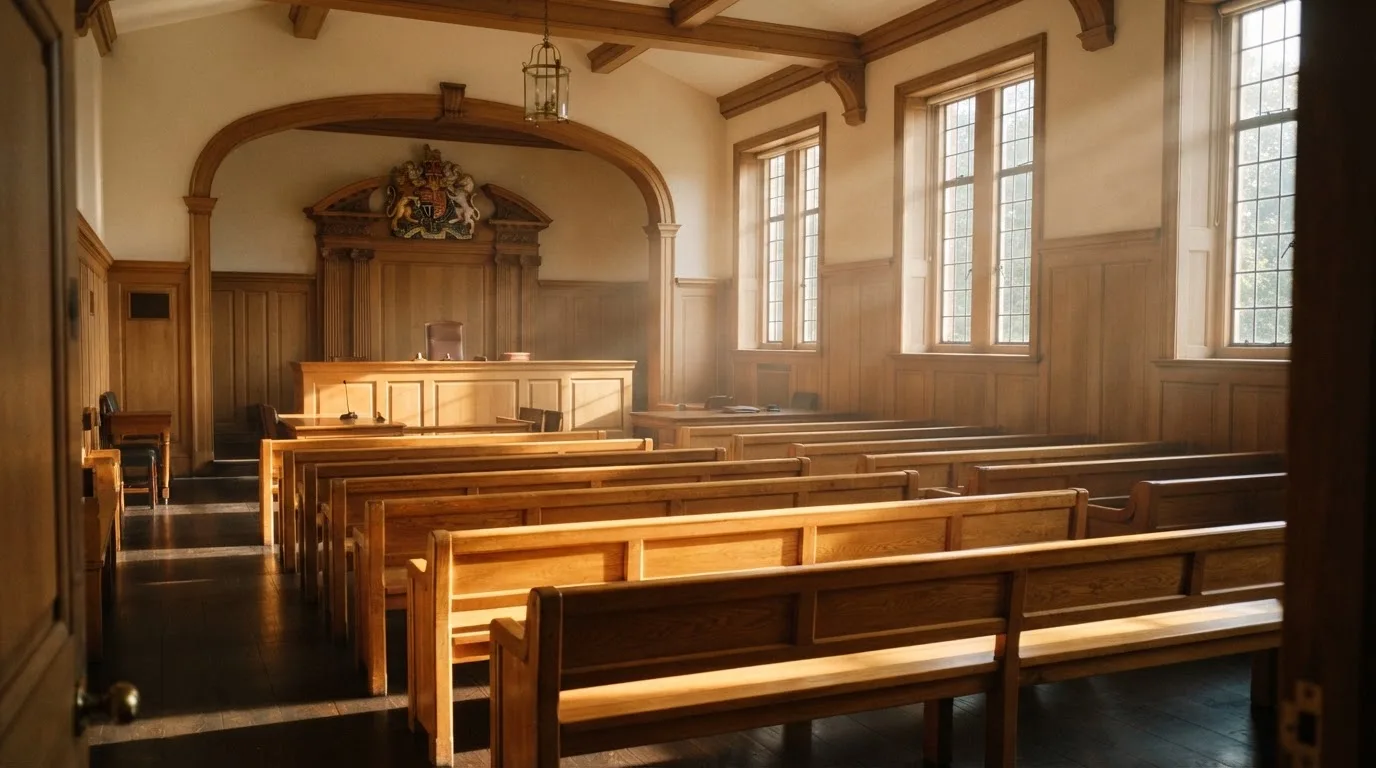An empty courtroom with wooden benches in morning light