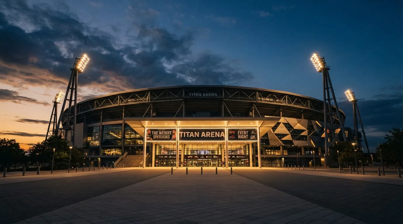 An empty football stadium with floodlight masts at dusk