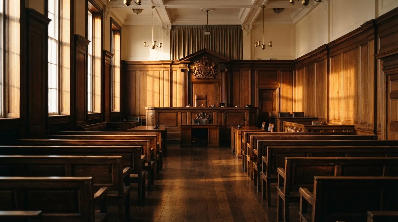 An empty courtroom with wooden benches in morning light