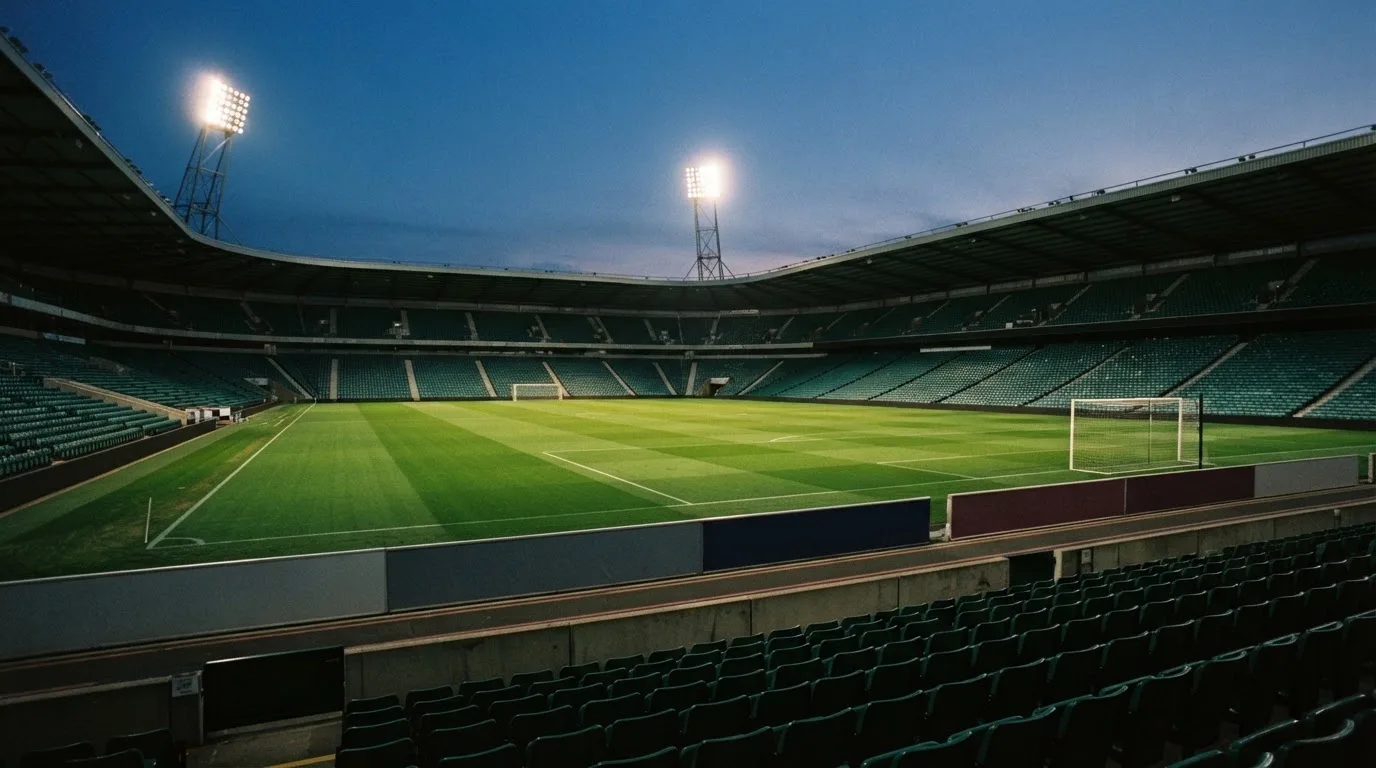 An empty football stadium with floodlight masts at dusk