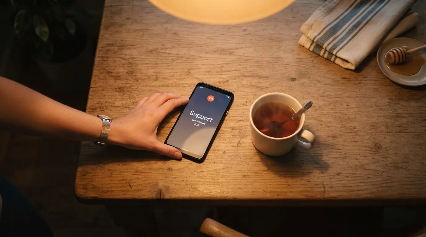 A hand setting a smartphone down beside a cup of tea on a kitchen table on a quiet evening