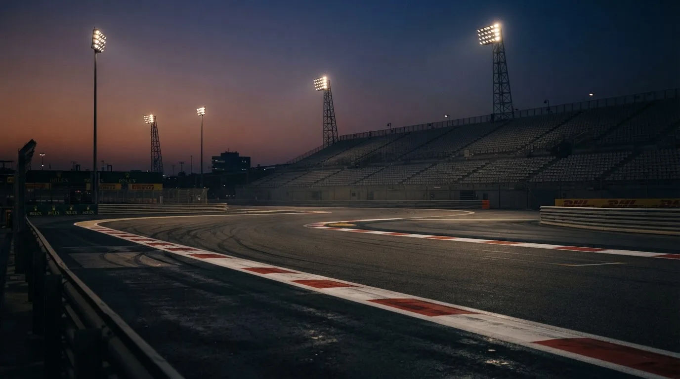 An empty football stadium with floodlight masts at dusk