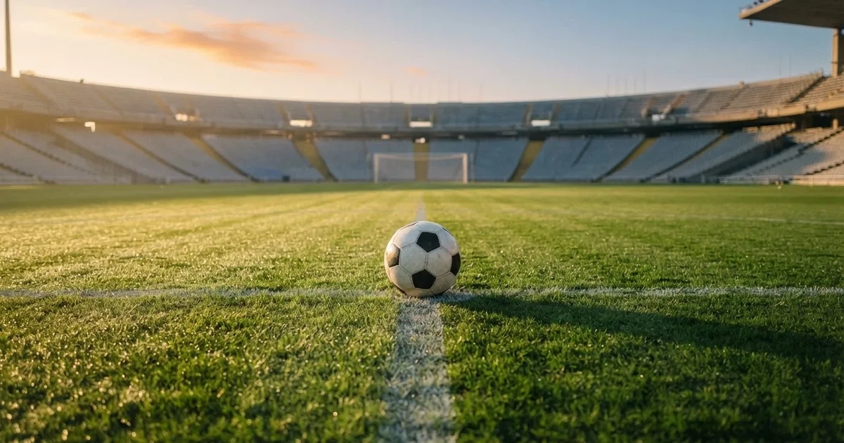 A ball on the centre spot of a grass pitch in morning light
