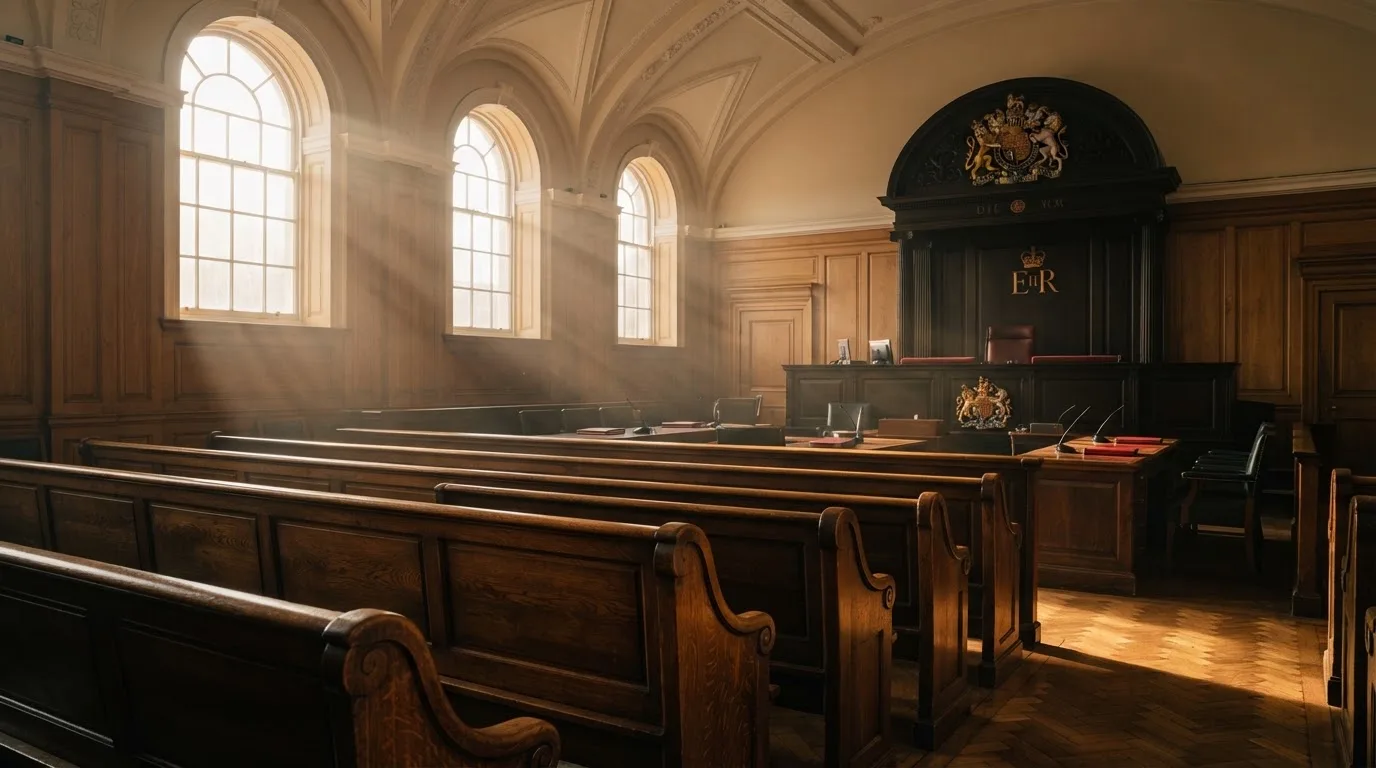 An empty courtroom with wooden benches in morning light