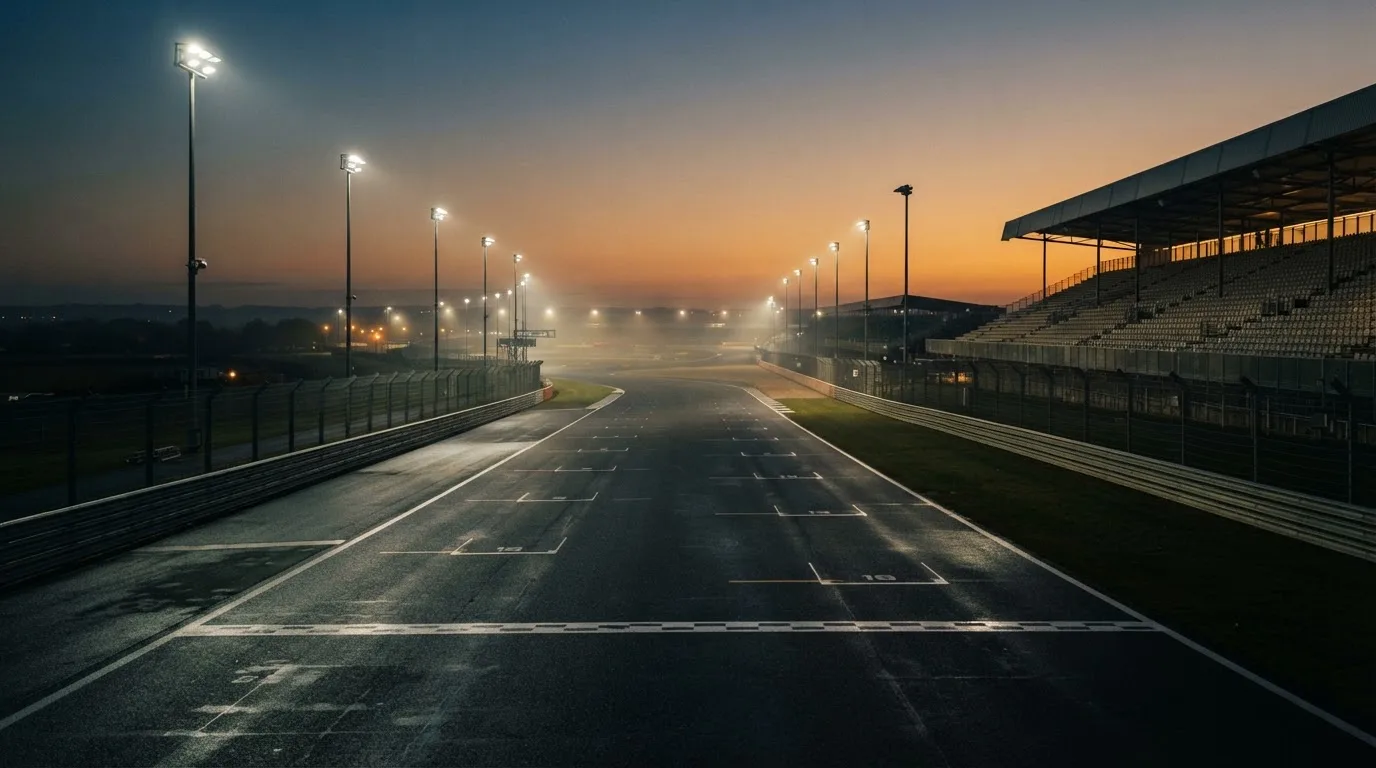 An empty football stadium with floodlight masts at dusk