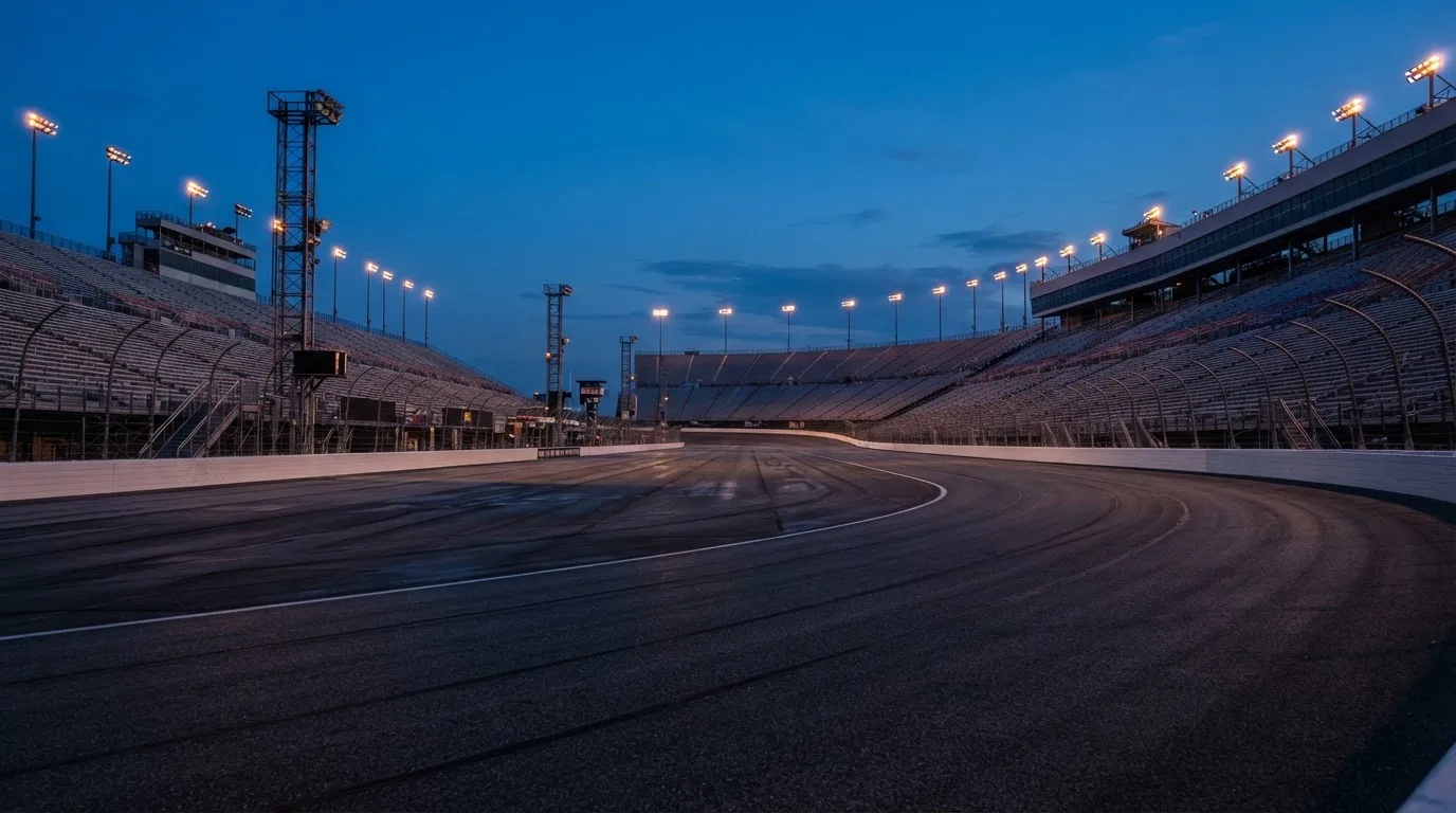 An empty football stadium with floodlight masts at dusk