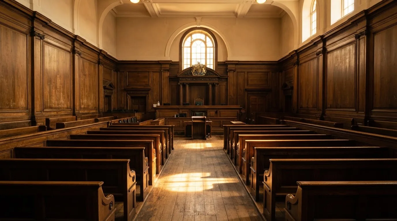 An empty courtroom with wooden benches in morning light