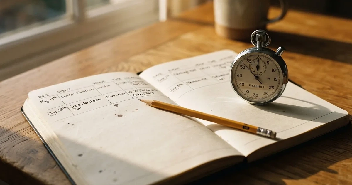 An open notebook with a pencil and a stopwatch on a wooden table