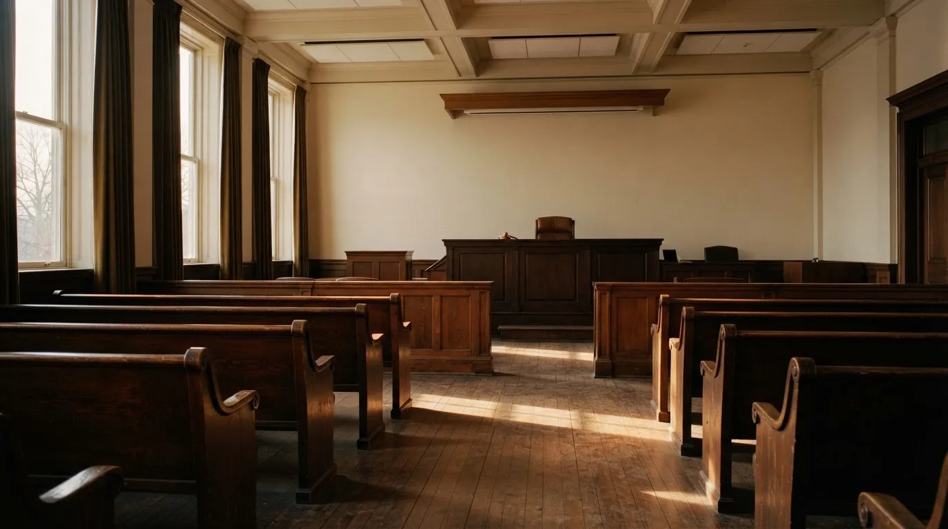 An empty courtroom with wooden benches in morning light