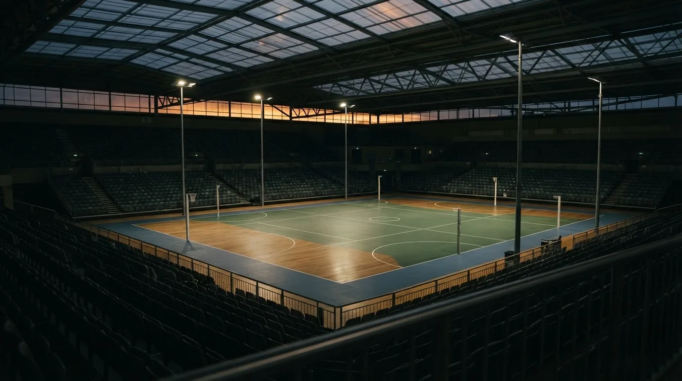 An empty football stadium with floodlight masts at dusk