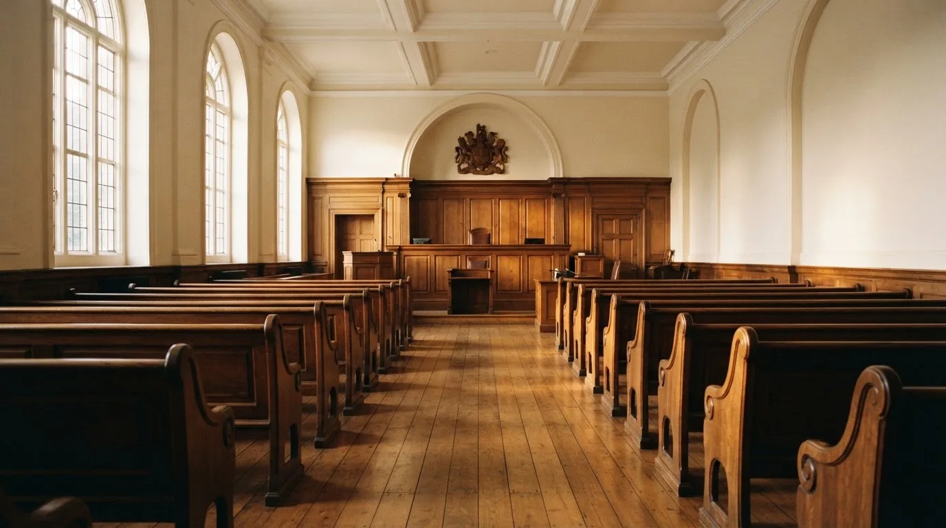 An empty courtroom with wooden benches in morning light