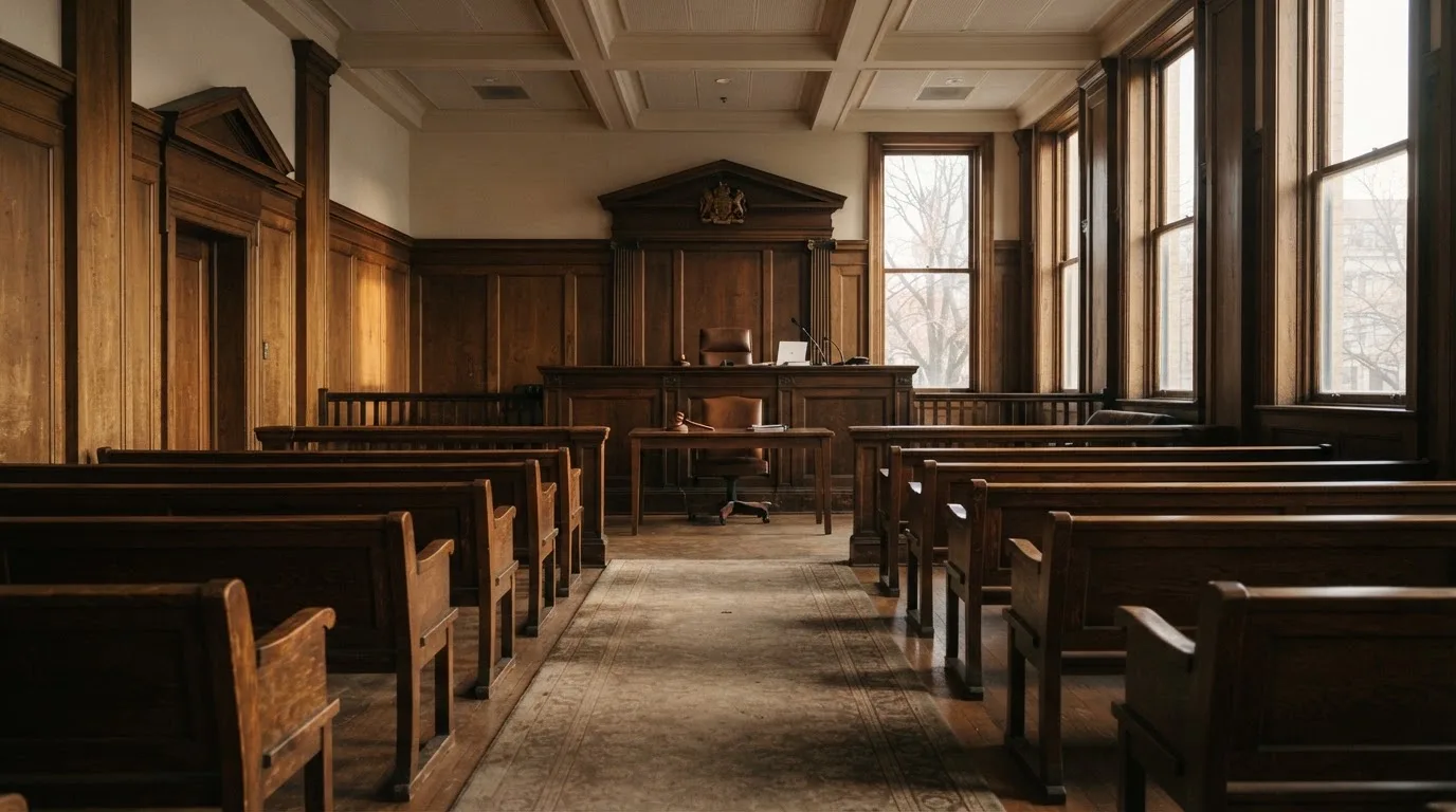 An empty courtroom with wooden benches in morning light