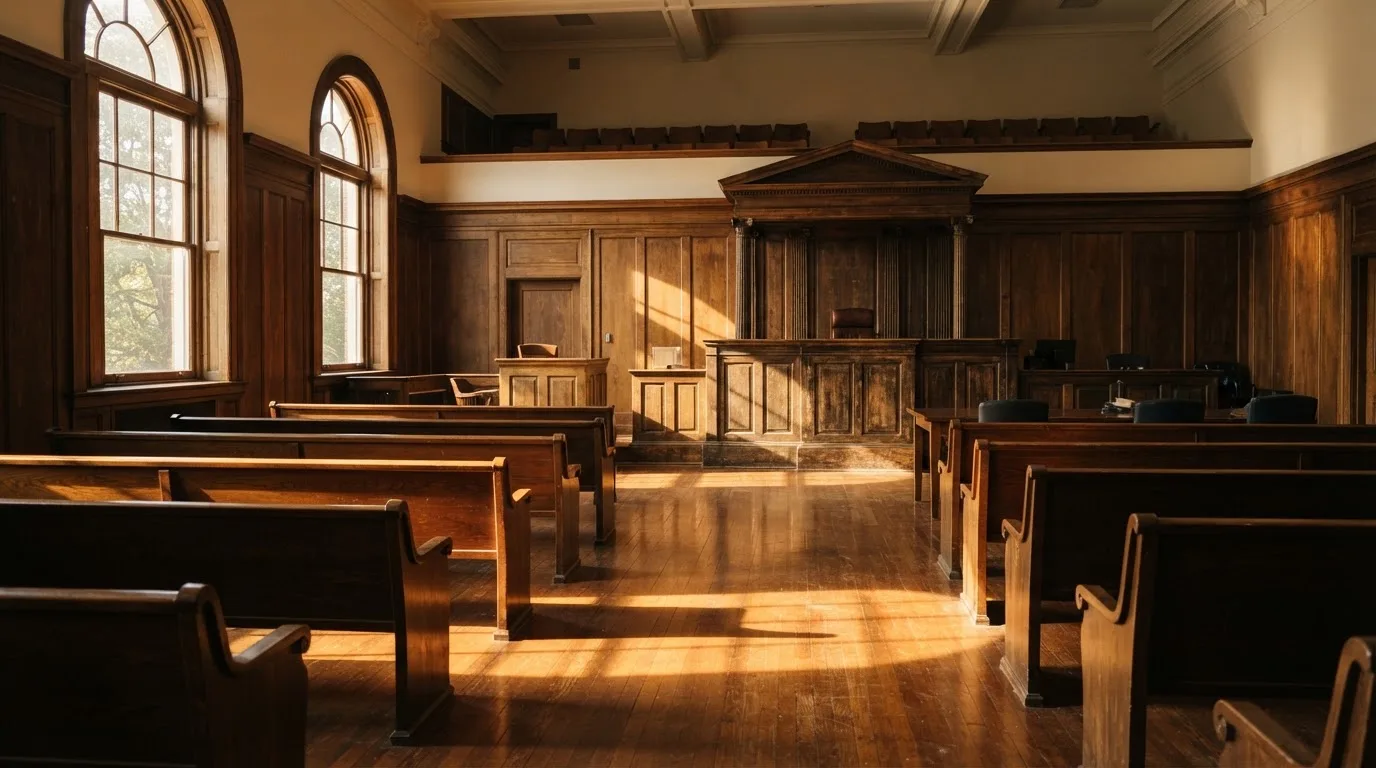 An empty courtroom with wooden benches in morning light