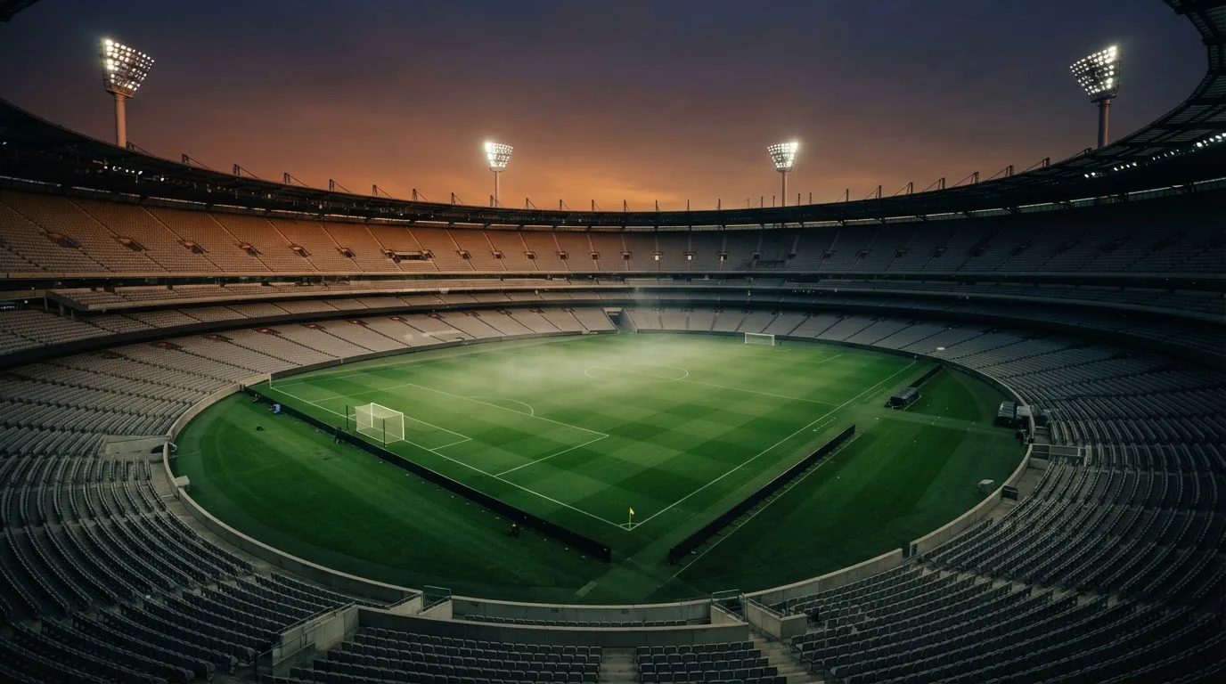 An empty football stadium with floodlight masts at dusk