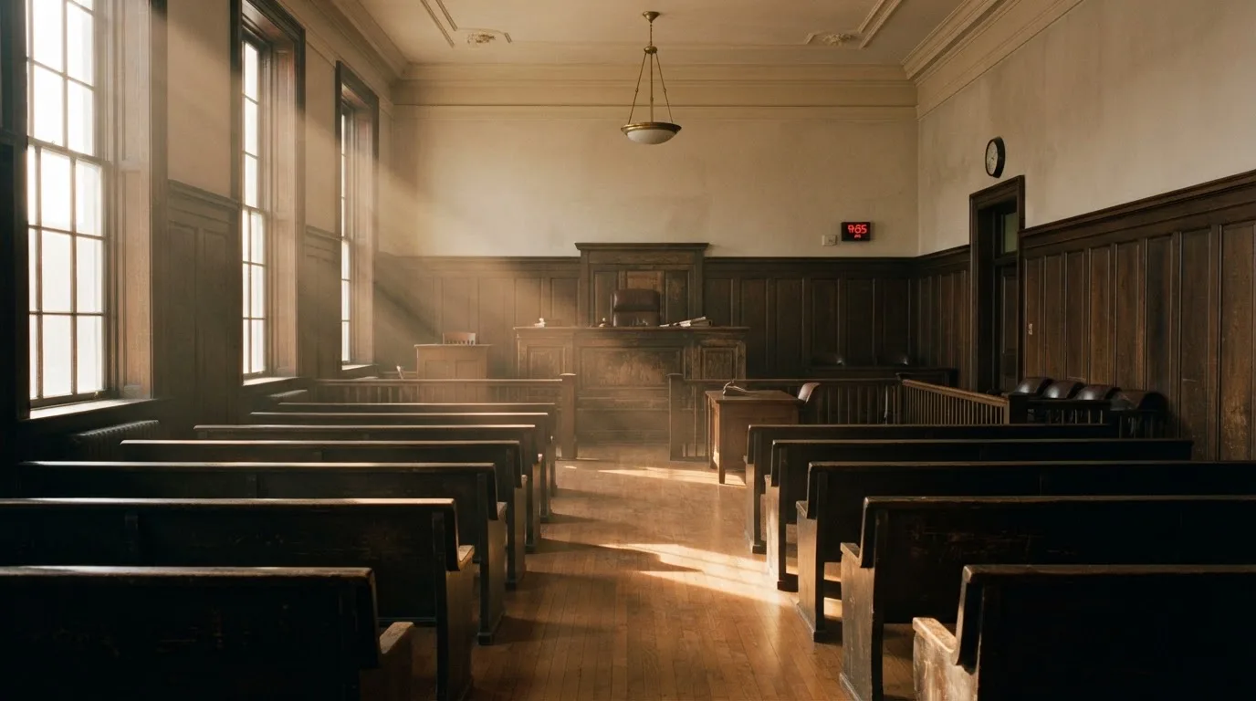 An empty courtroom with wooden benches in morning light