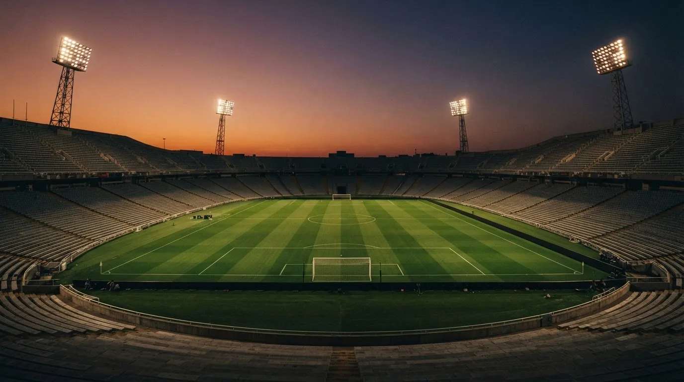 An empty football stadium with floodlight masts at dusk