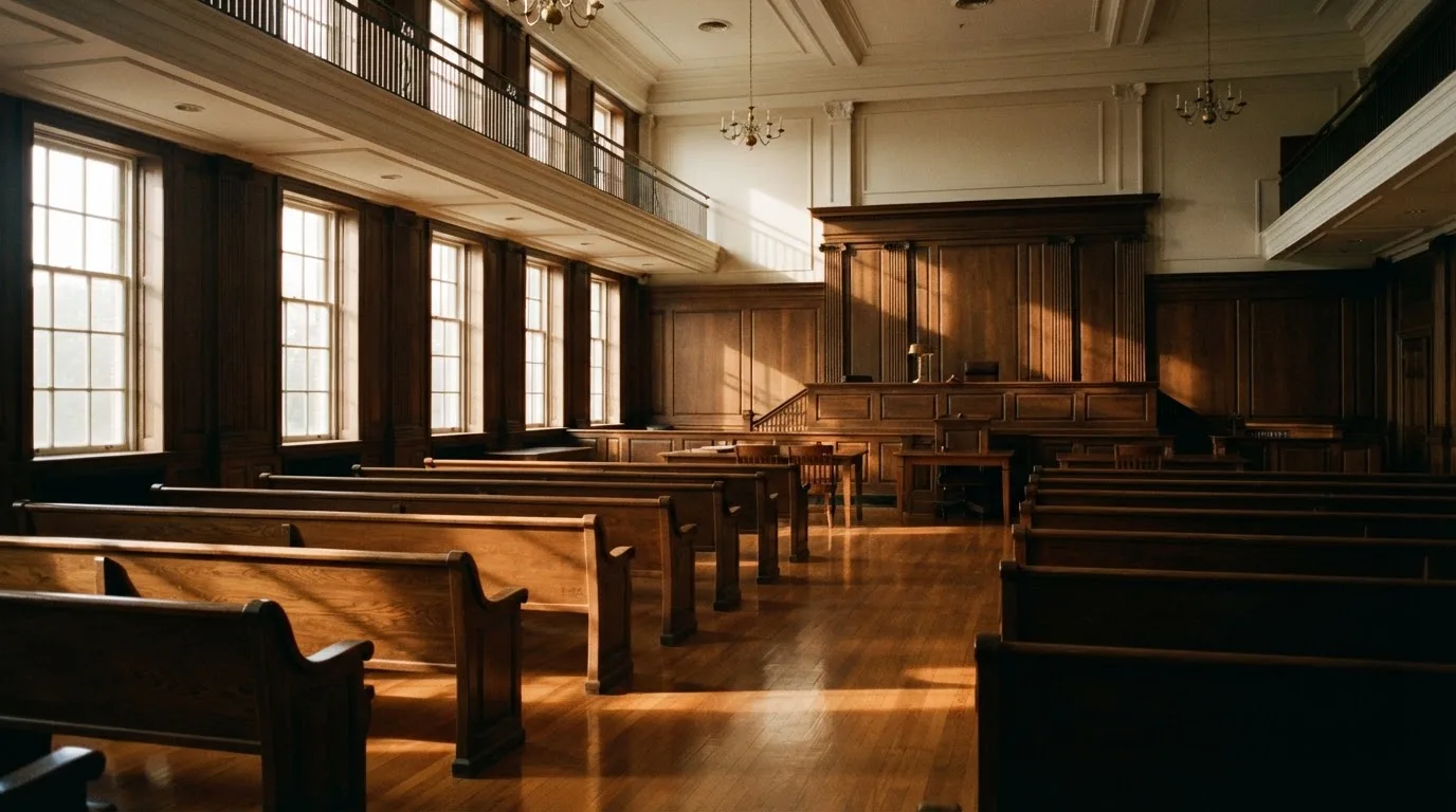 An empty courtroom with wooden benches in morning light