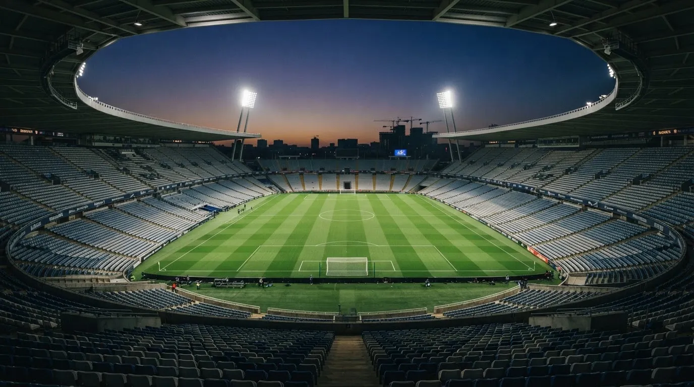 An empty football stadium with floodlight masts at dusk