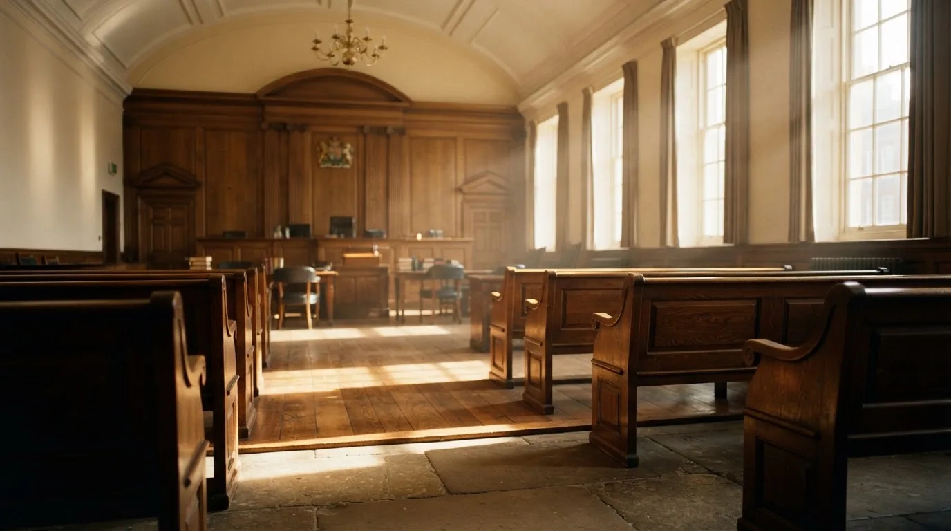 An empty courtroom with wooden benches in morning light