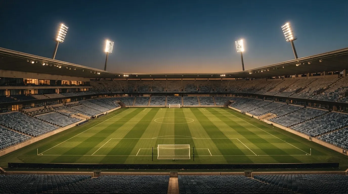 An empty football stadium with floodlight masts at dusk