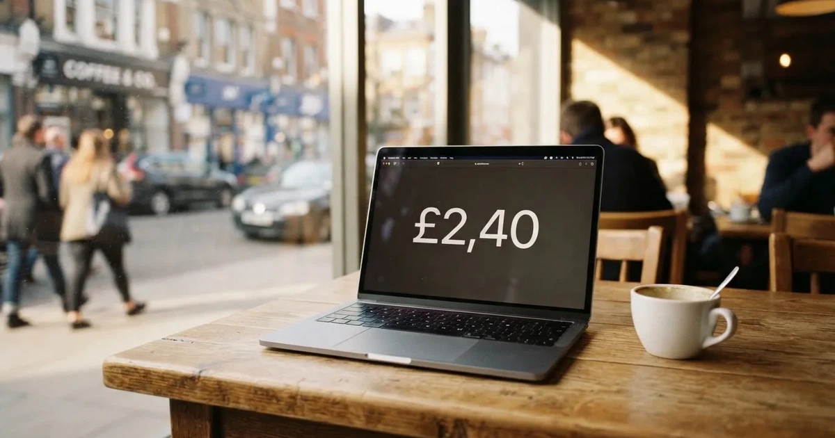 A laptop on a café table by a window onto the street