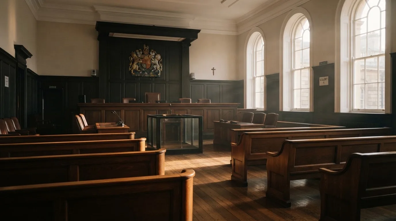 An empty courtroom with wooden benches in morning light