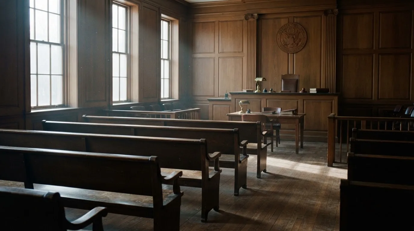 An empty courtroom with wooden benches in morning light