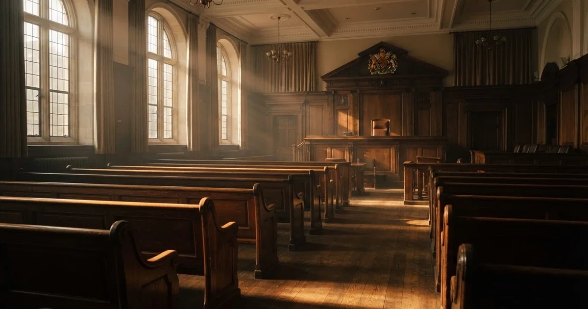 An empty courtroom with wooden benches in morning light