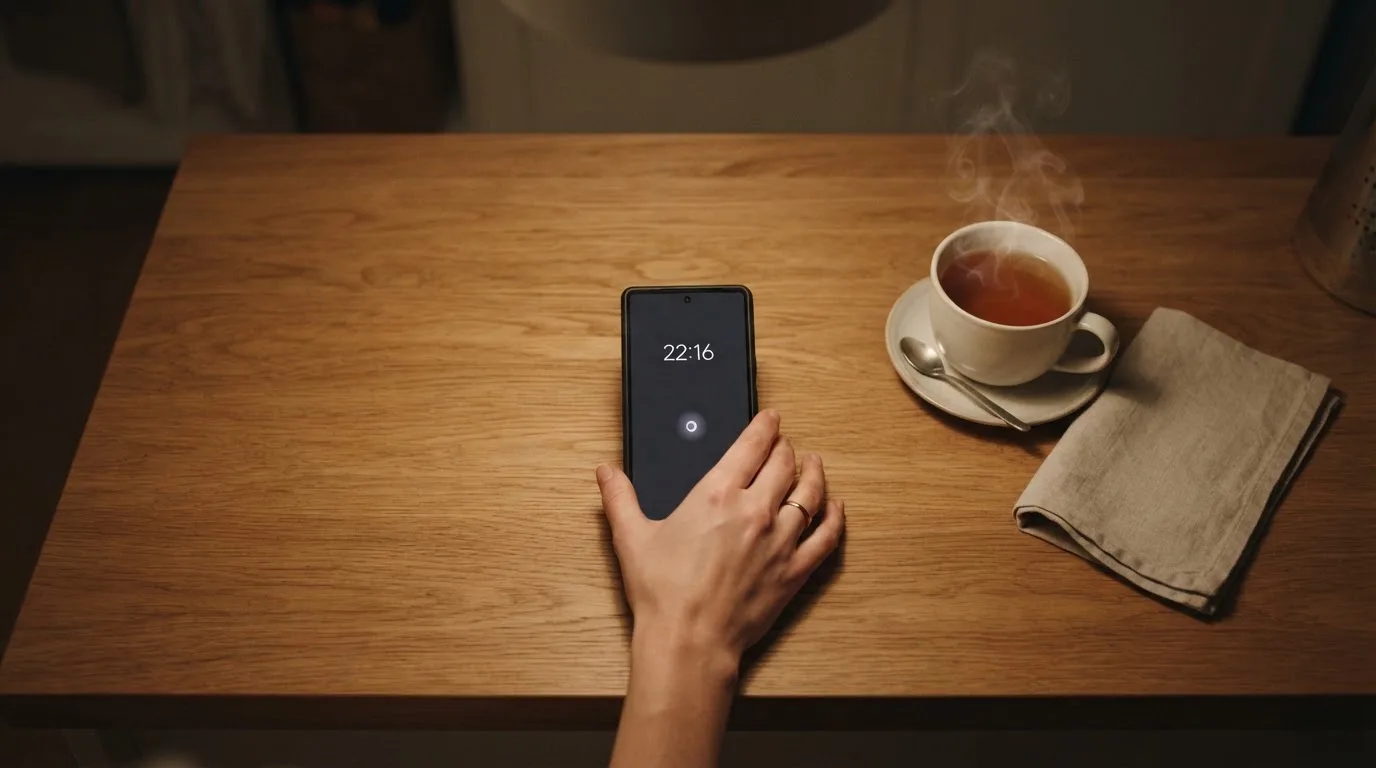 A hand setting a smartphone down beside a cup of tea on a kitchen table on a quiet evening