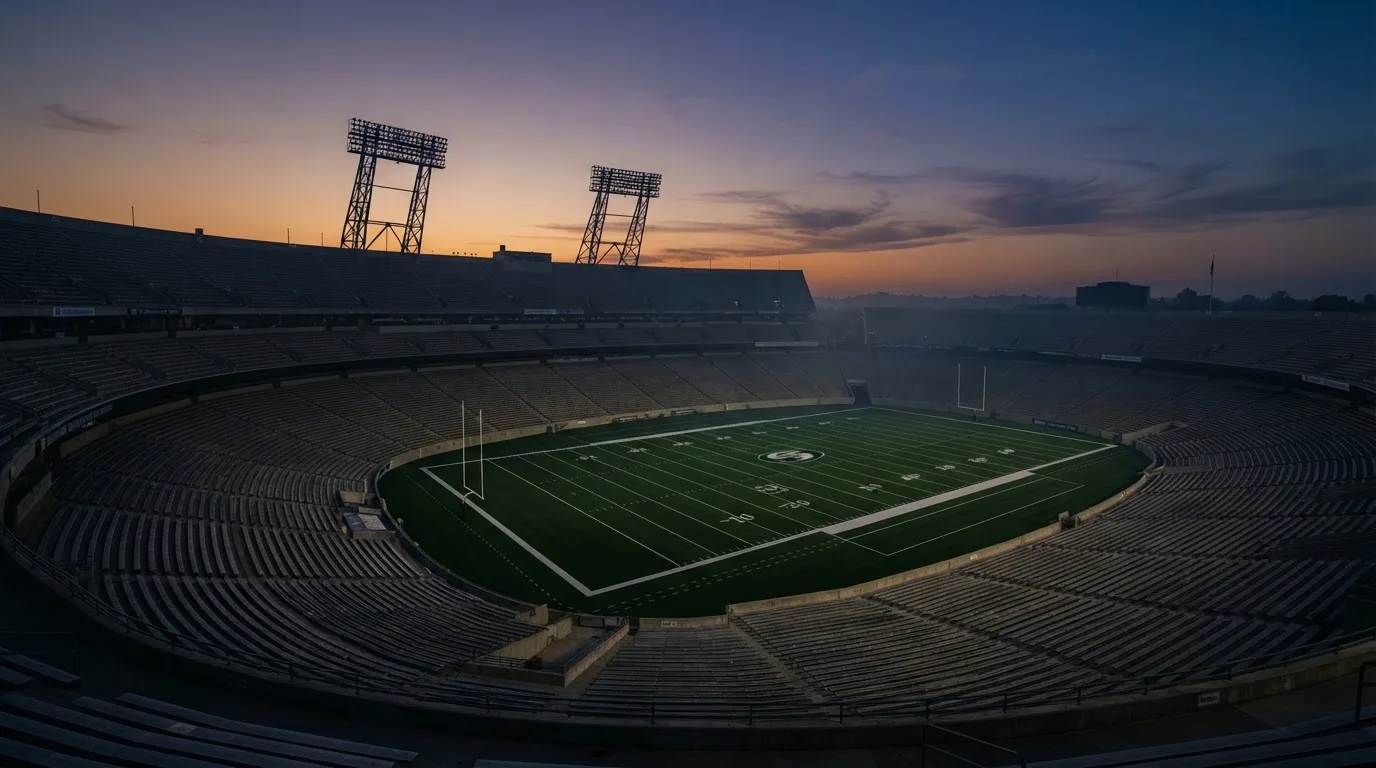 An empty football stadium with floodlight masts at dusk