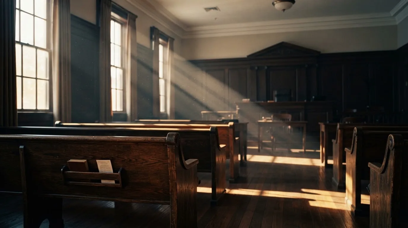 An empty courtroom with wooden benches in morning light
