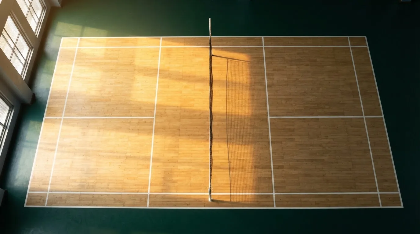 An empty courtroom with wooden benches in morning light