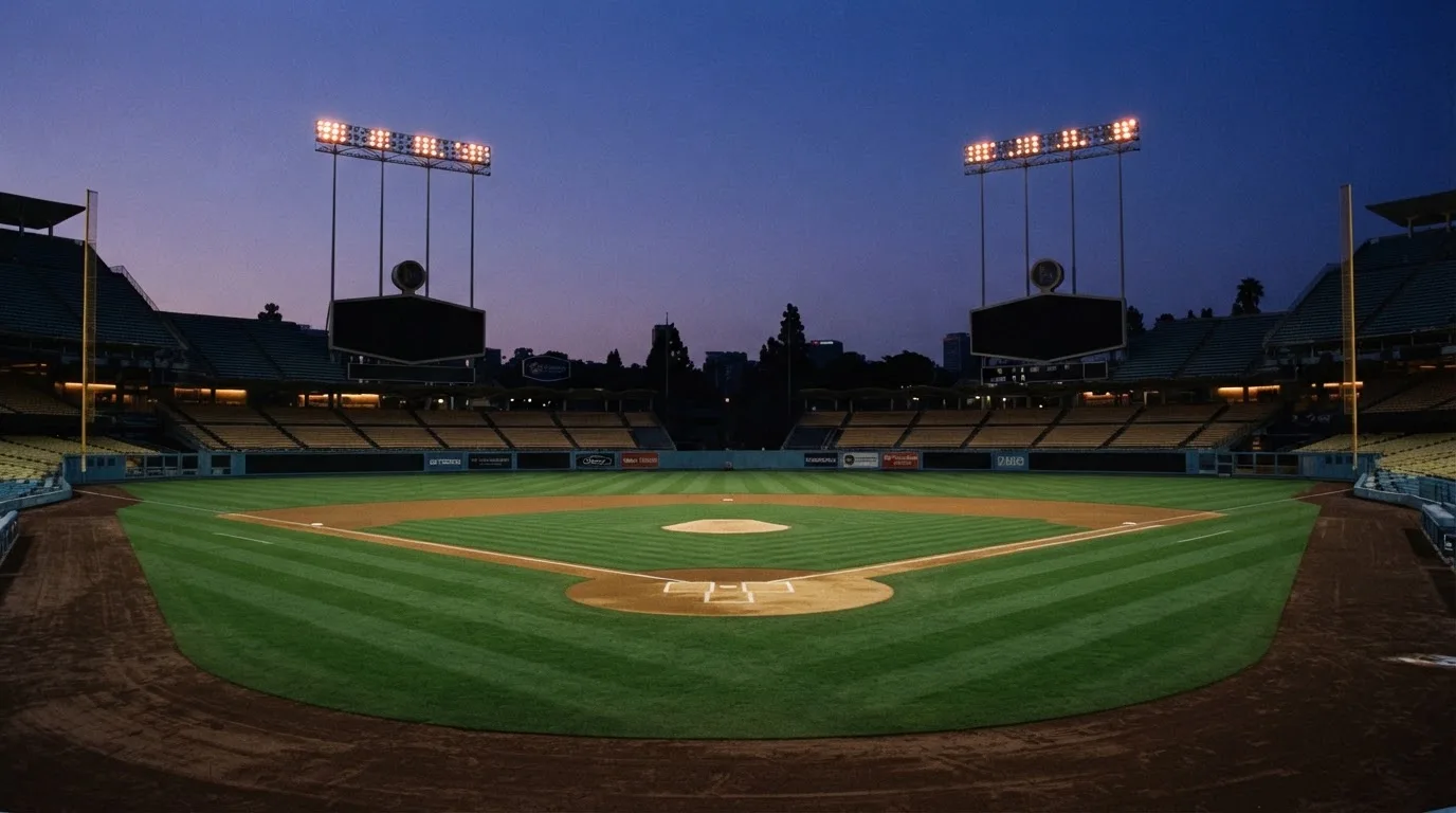 An empty football stadium with floodlight masts at dusk
