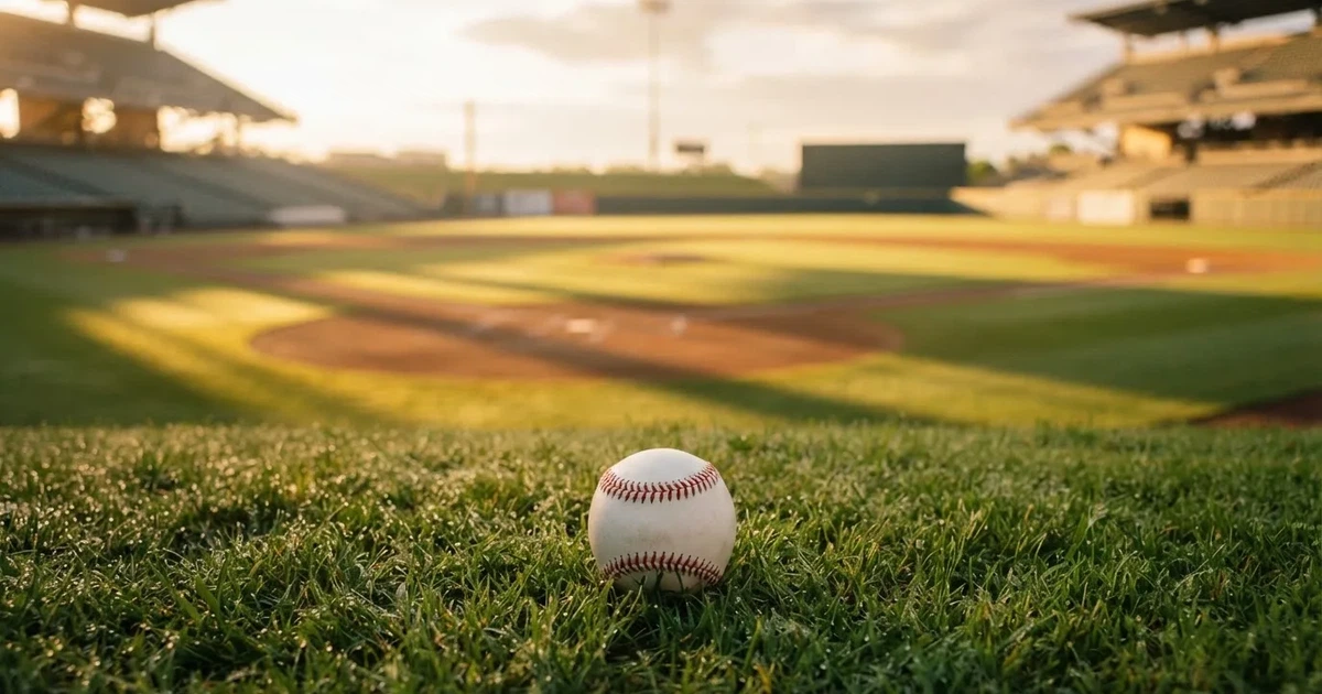 A ball on the centre spot of a grass pitch in morning light