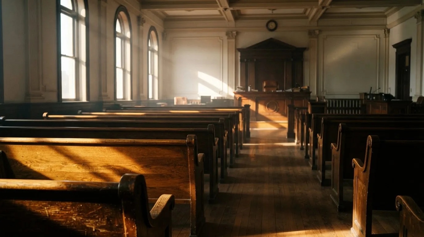An empty courtroom with wooden benches in morning light