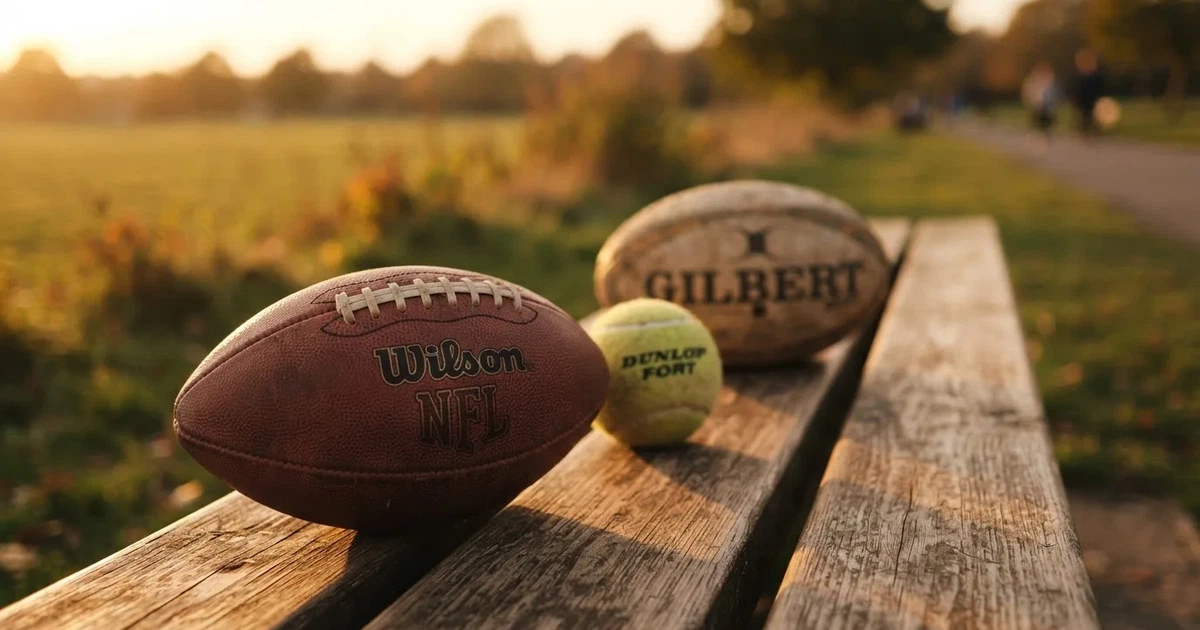 Three balls of different kinds side by side on a wooden bench