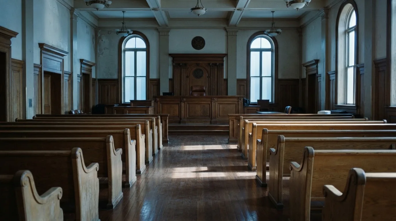 An empty courtroom with wooden benches in morning light