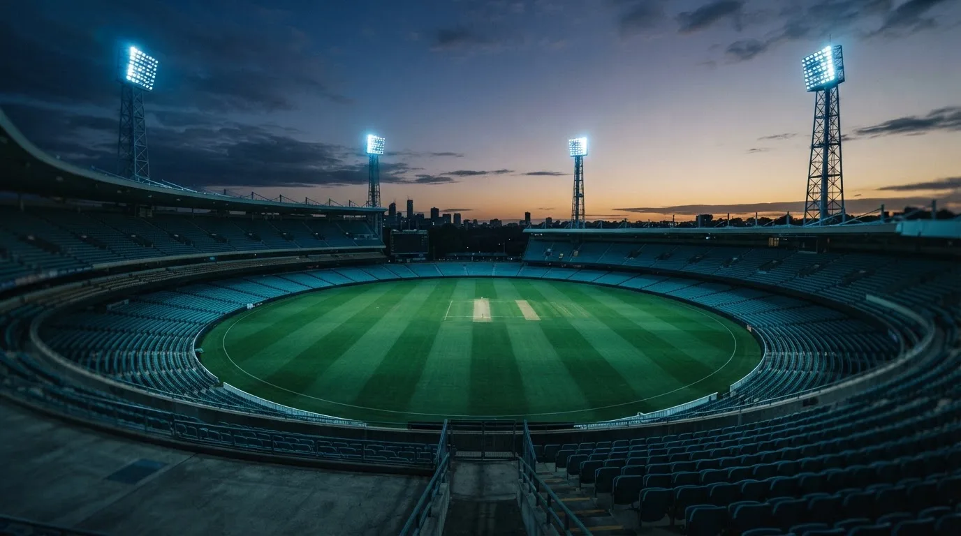 An empty football stadium with floodlight masts at dusk
