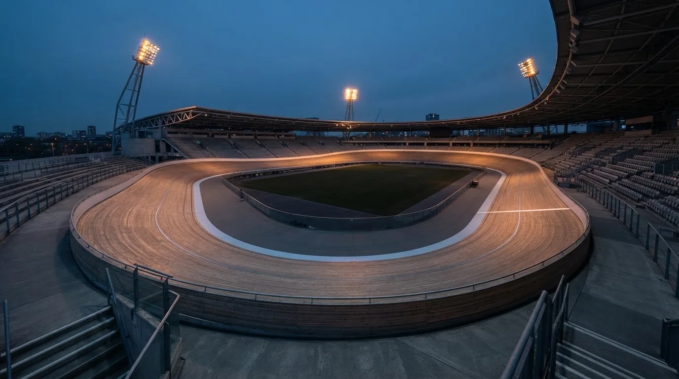 An empty football stadium with floodlight masts at dusk