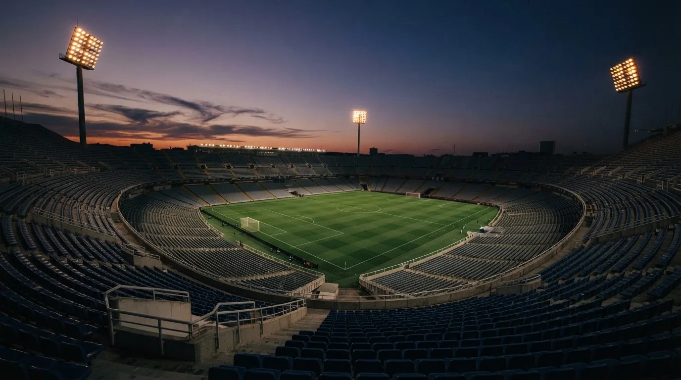 An empty football stadium with floodlight masts at dusk