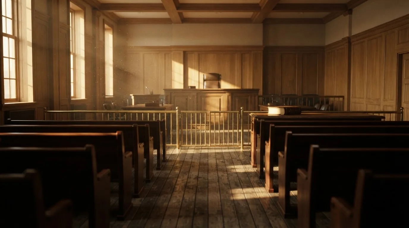 An empty courtroom with wooden benches in morning light