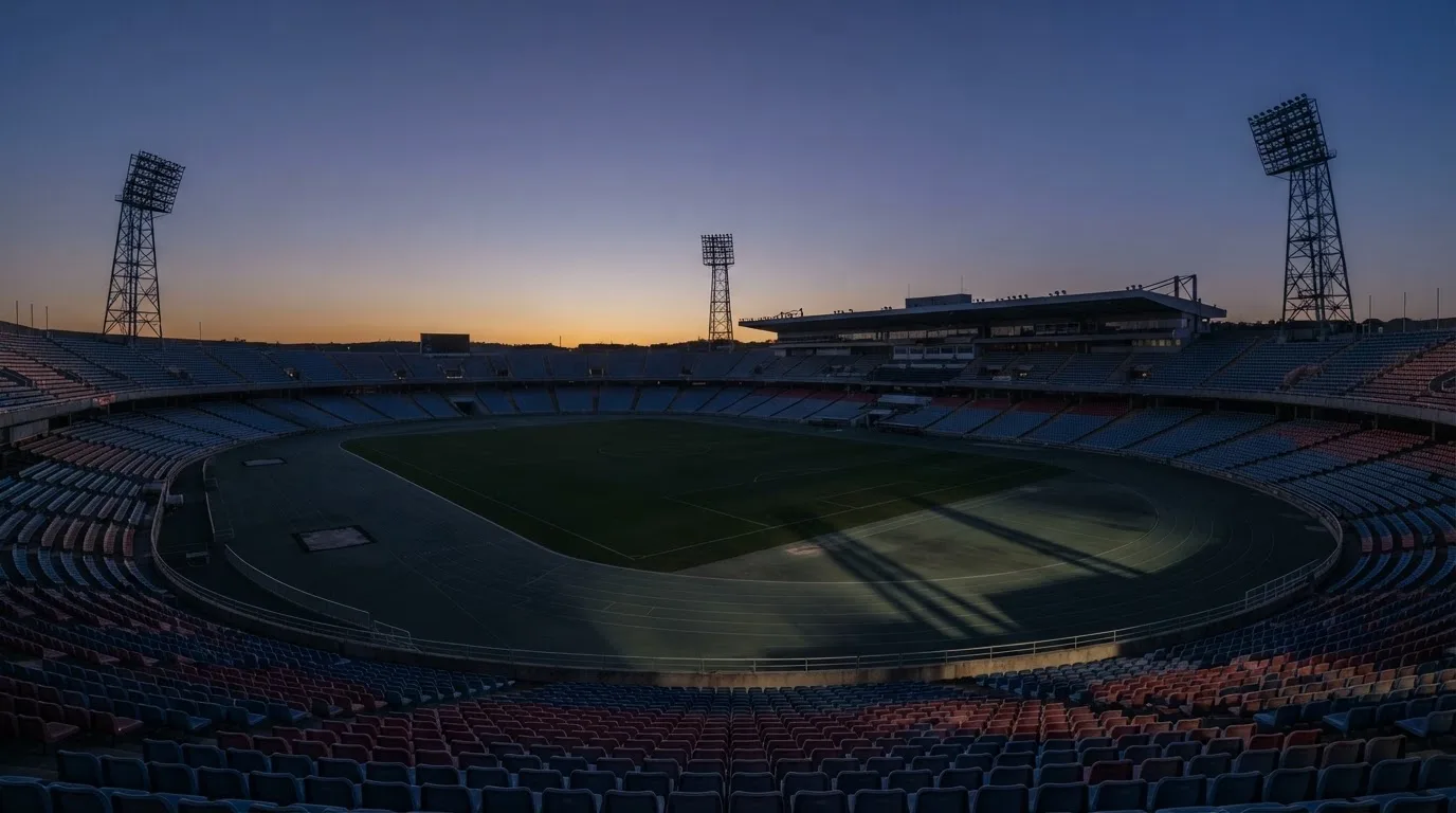 An empty football stadium with floodlight masts at dusk