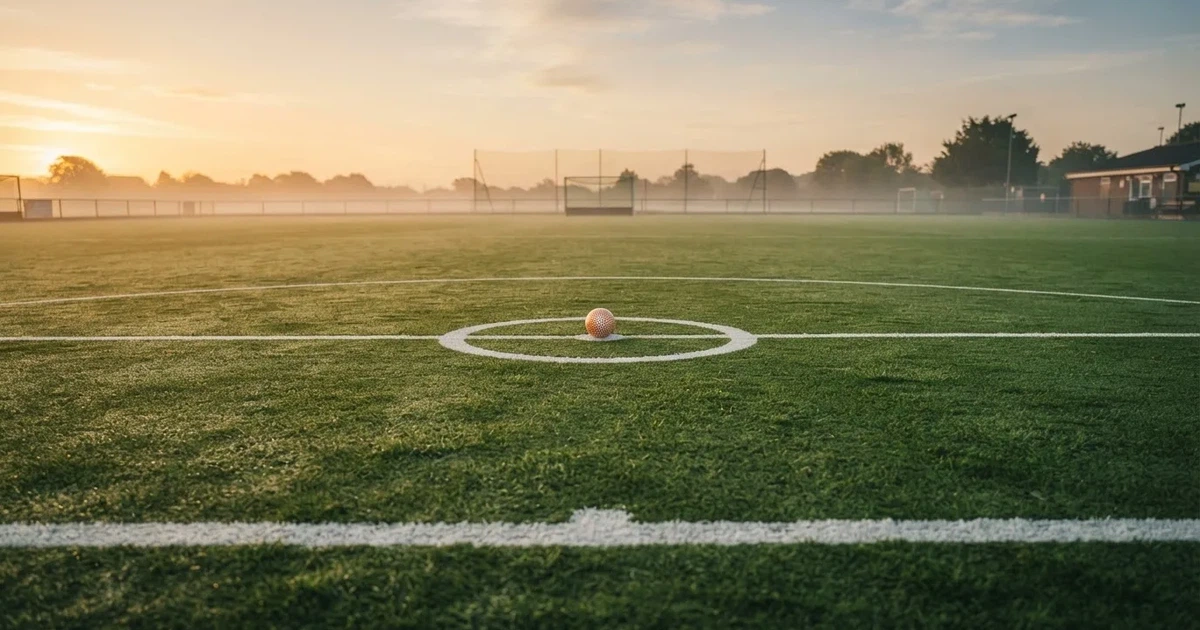 A ball on the centre spot of a grass pitch in morning light
