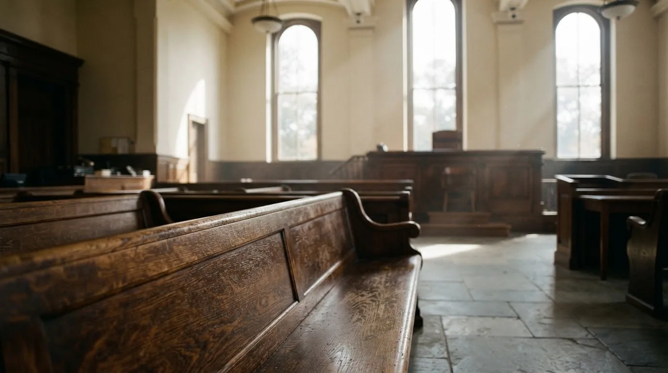An empty courtroom with wooden benches in morning light