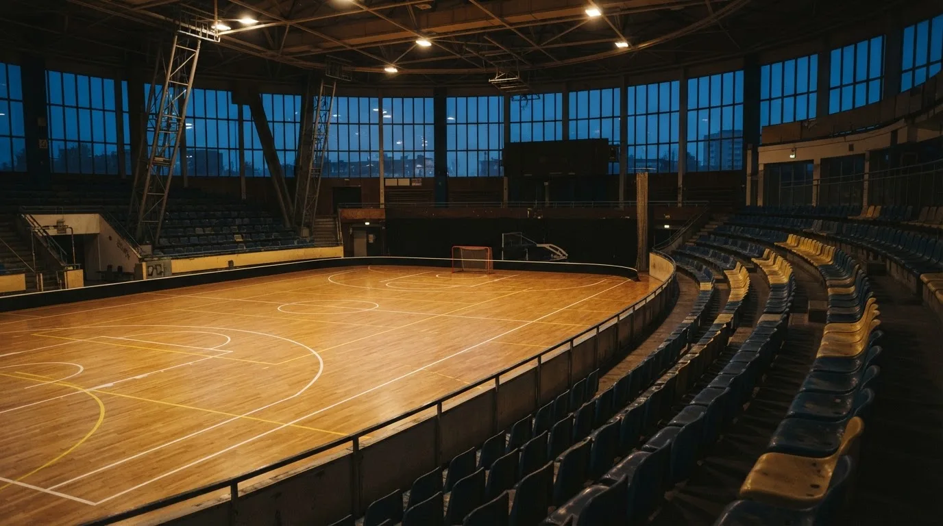 An empty football stadium with floodlight masts at dusk