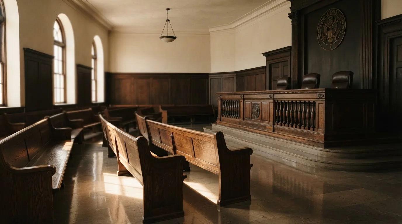 An empty courtroom with wooden benches in morning light