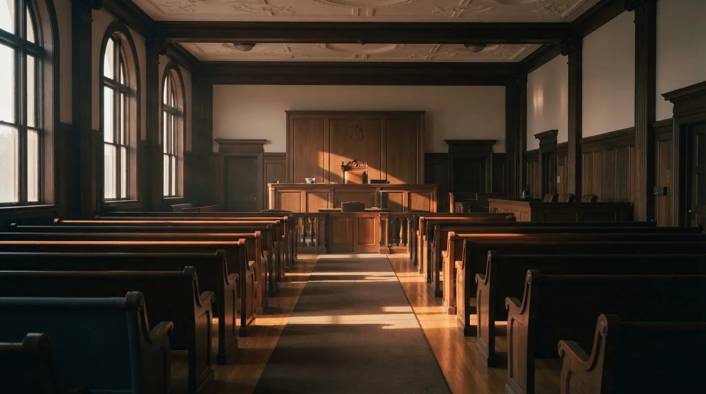 An empty courtroom with wooden benches in morning light