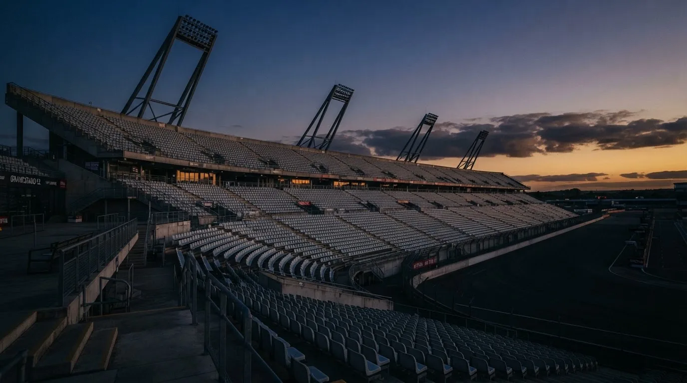 An empty football stadium with floodlight masts at dusk