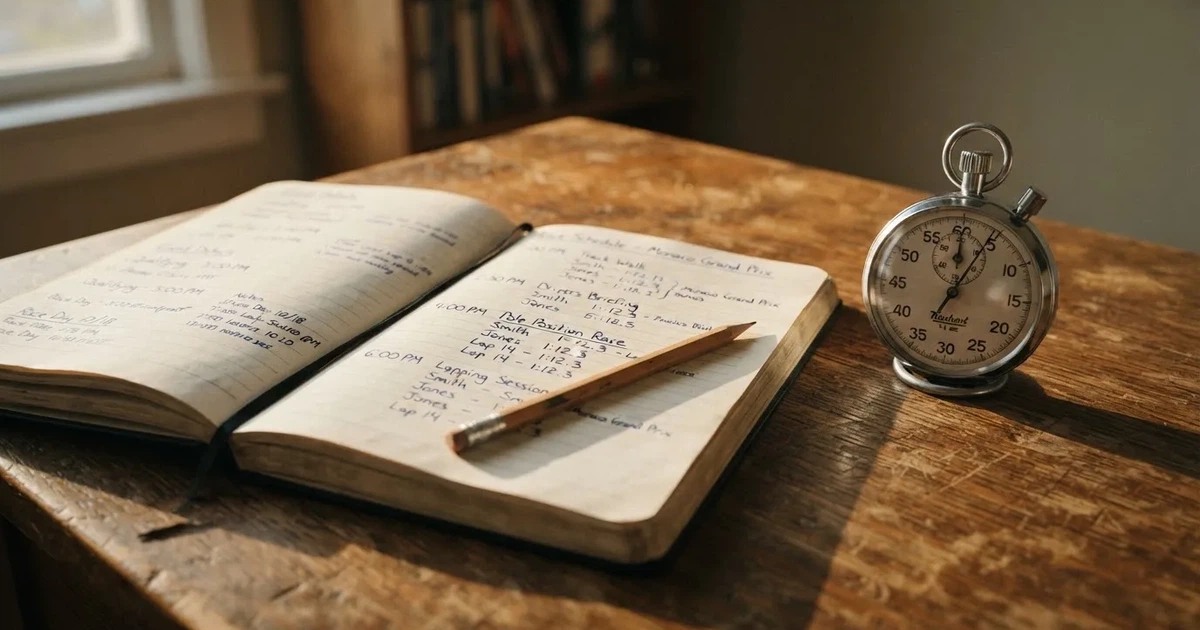 An open notebook with a pencil and a stopwatch on a wooden table